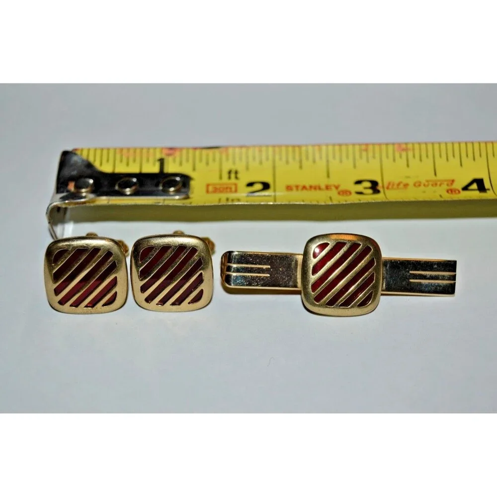 Vintage Brass with Red Accents 1960s Classic Men's Cuff Links & Tie Bar Set Rare